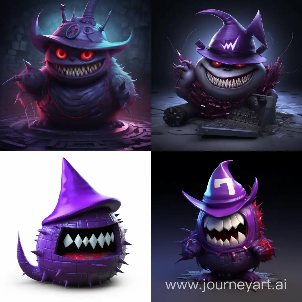 pokemon gengar with a hat with a "Falzy" target coding with its cool computer, 3D, realistic