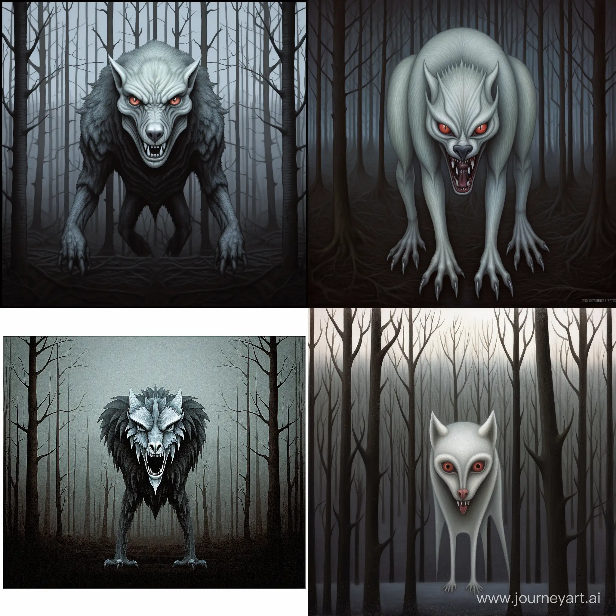 a white wolf werewolf standing on two legs with black eyes and a black heart visible through the skin standing near the forest in winter