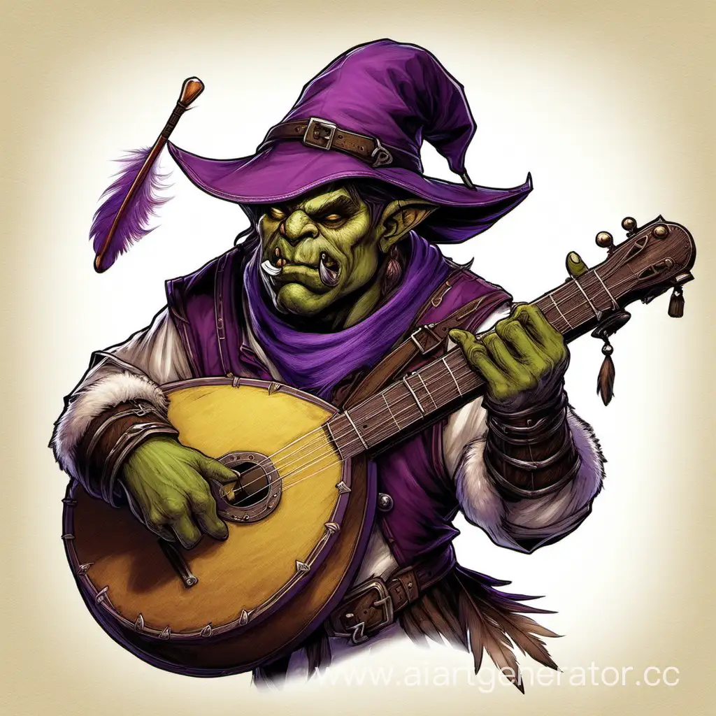 Enchanting-Orc-Bard-in-a-Vibrant-Purple-Hat-with-Feather-Playing-Lute