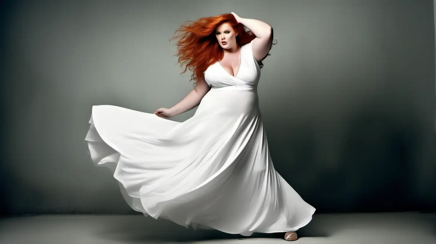 sexy, beautiful, romantic and stylish plus size model, light redhead, beautiful flowing hair, wearing a white jersey long gown with very flared ankle length skirt, fitted deep v-neck bodice, tight cap sleeves, dancing, skirt is flowing, studio fashion photography, light wall, expensive setting