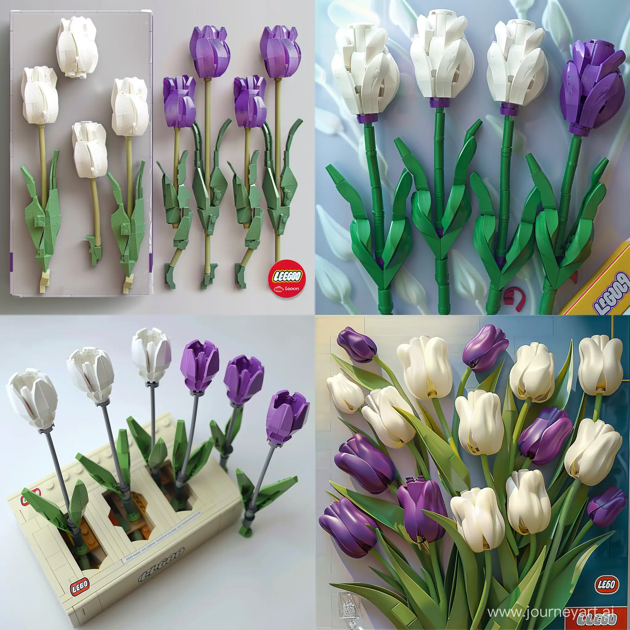Realistic-LEGO-Tulips-in-White-and-Gentle-Purple-Colors-with-Brilliant-Lighting