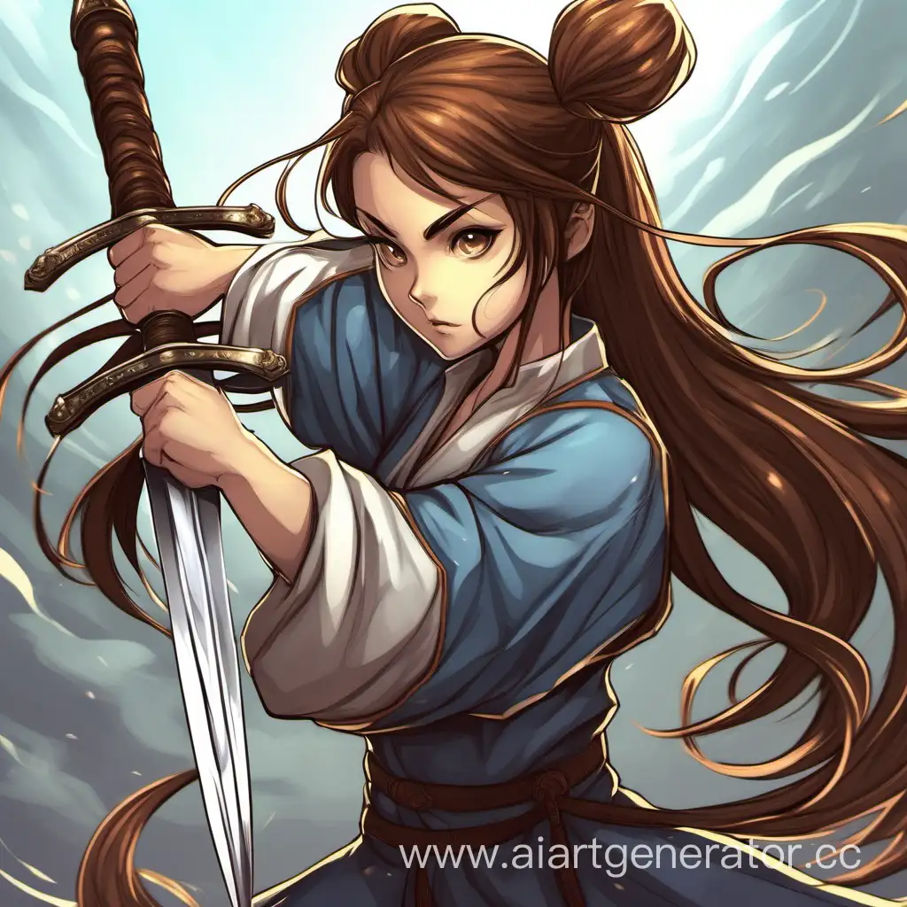 Девочка с длинными коричнивыми волосами хвостом и ушами дереться на мечах