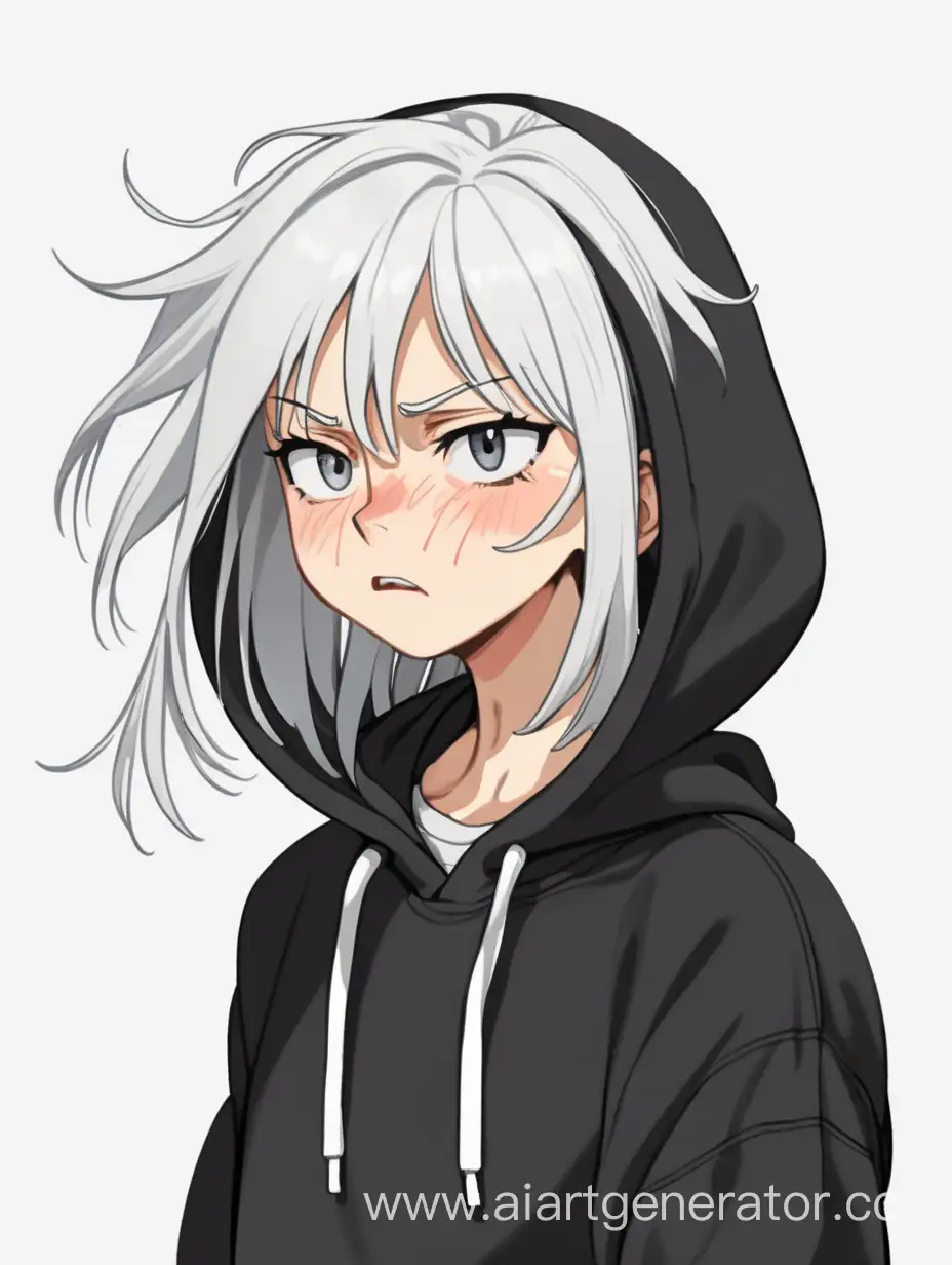 a tired white-haired girl in a black hoodie is angry, white background