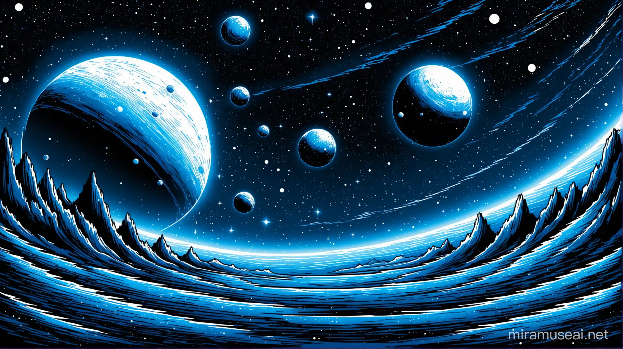 малюнок простого фантастичного пейзажу космосу сині, білі чорні кольори