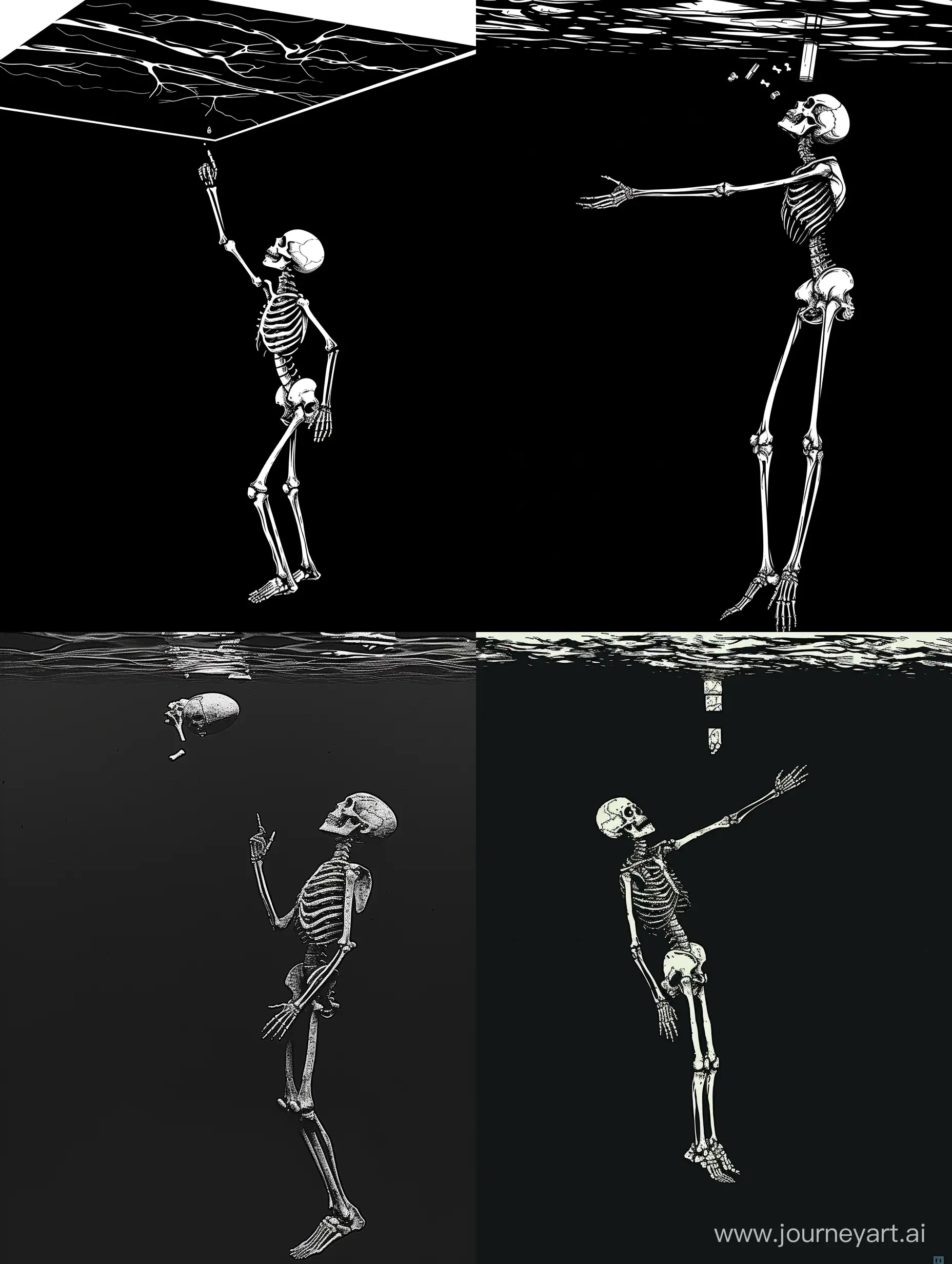 logo, minimalistic, deadman in full length who located in the corner on the ceiling, sad, looks at the object from below and extends his index finger towards it, looks down, bones, skeleton, black background