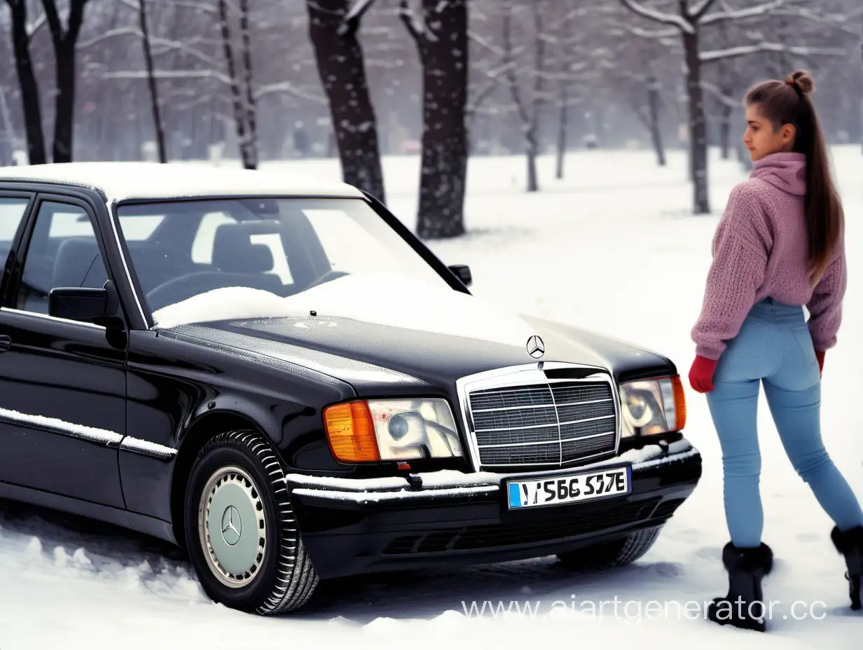 Winter-Scene-with-Mercedes-W124-and-Girl