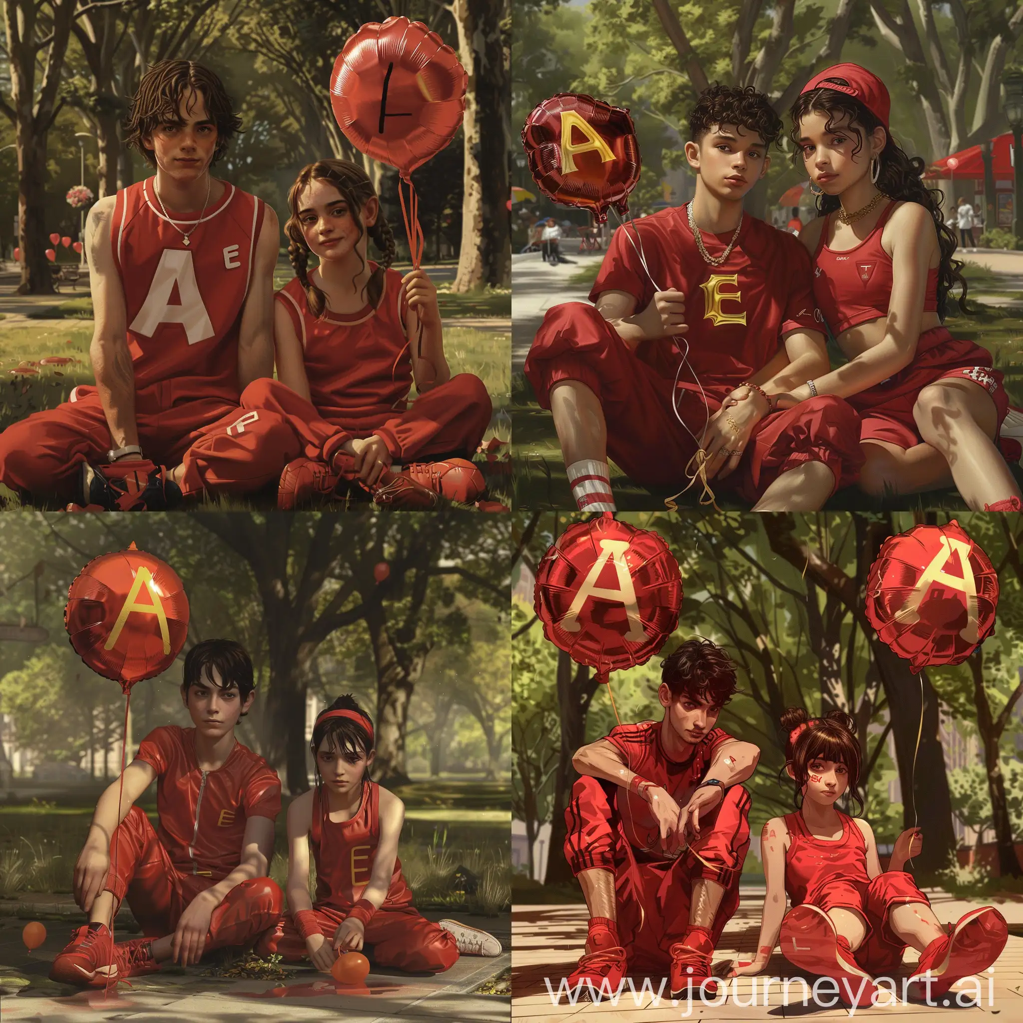 A realistic picture of a young man and a girl sitting in a park. The young man is wearing red sportswear and the girl is wearing red sportswear. The young man is holding a balloon with the letter “A” on it and the girl is holding a balloon with the letter “E” on it.
