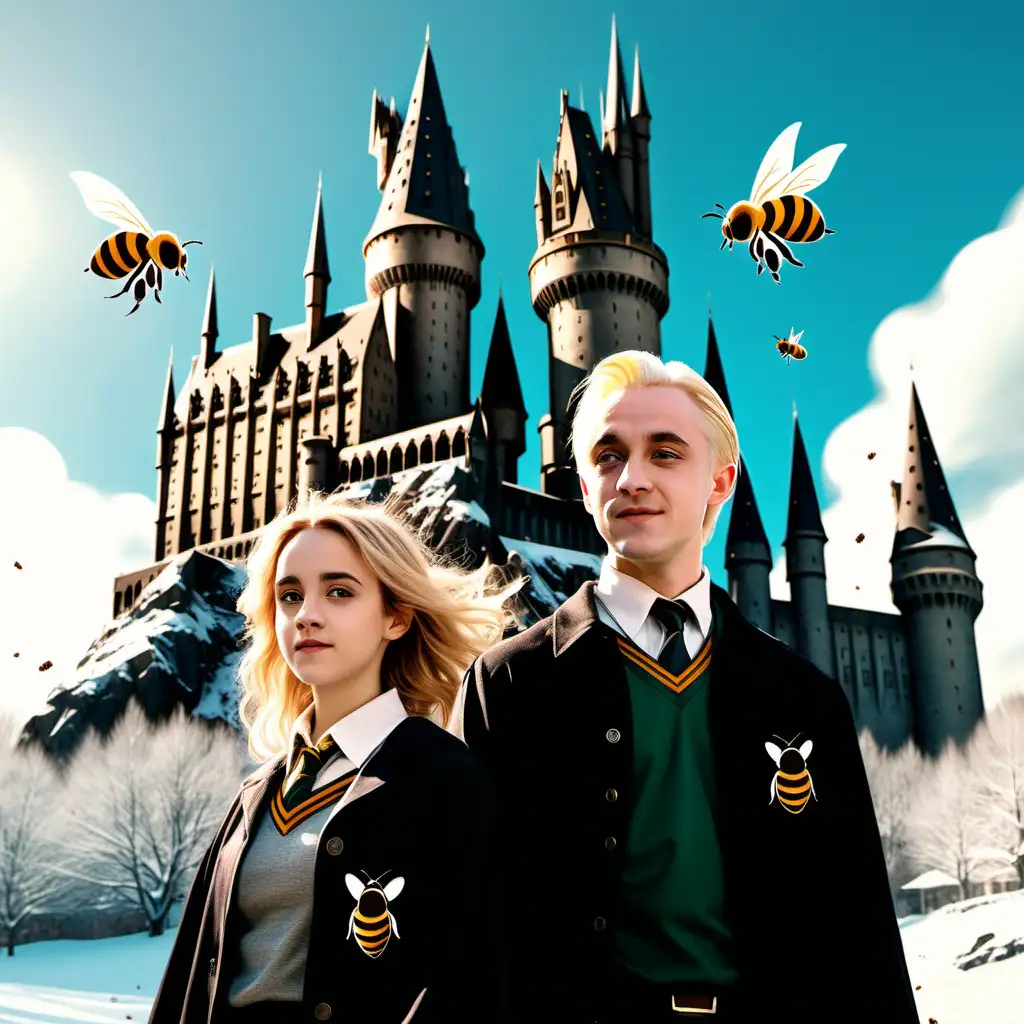 Sunny day, winter time, Hogwarts castle, Draco Malfoy, Hermione Granger, back-to-back, in front of castle, bees flying over their heads, in a Disney style