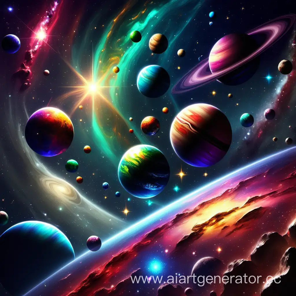 Vibrant-Cosmic-Tapestry-Bright-Stars-and-Colorful-Planets-Illuminating-the-Universe