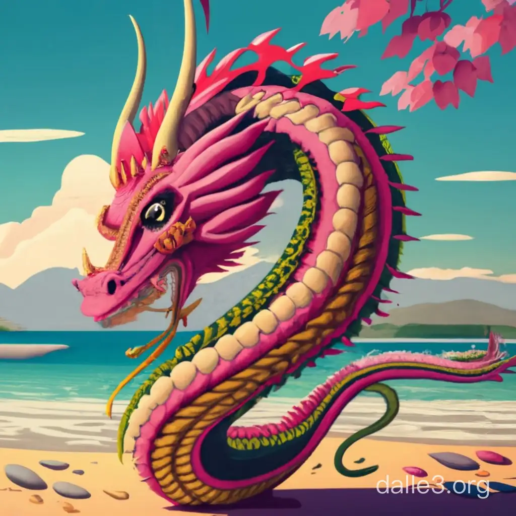 19.5:9 wallpaper for a phone with a 2D Japanese pink dragon on a beach on a sunny day