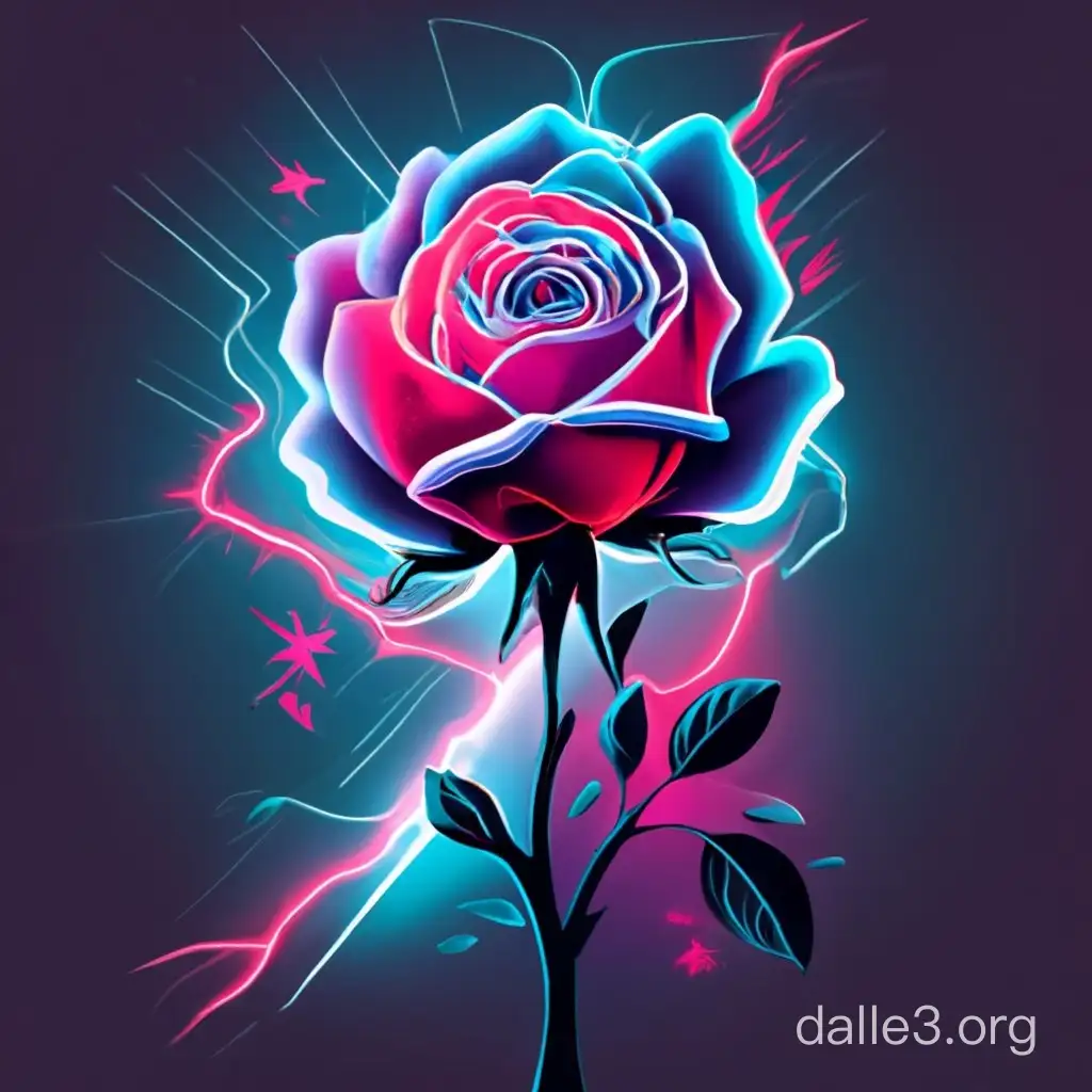 On a dark background, a blue electric charge forms a stylized silhouette of a rose, bioluminescence