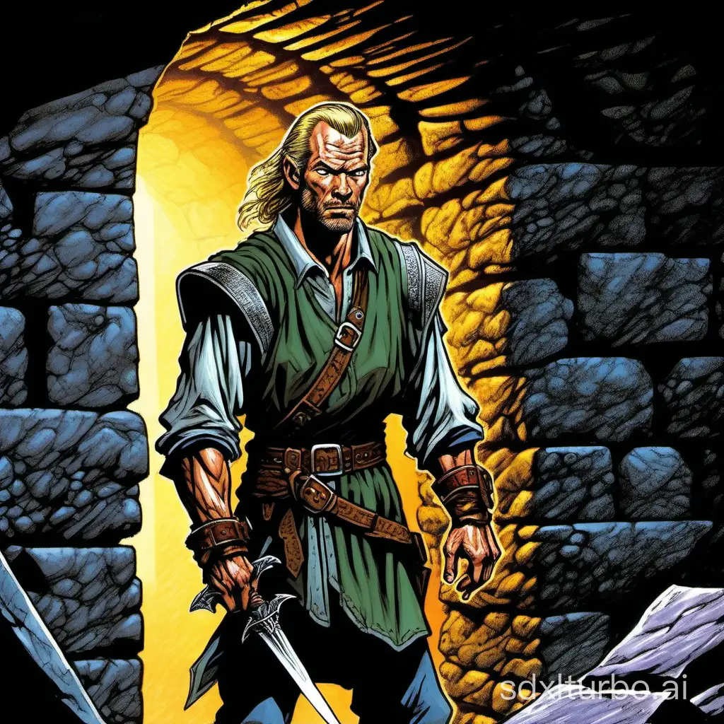 illustration, character profile, an older Jorah:fighter lurking in a tomb tunnel, impatient expression, dark and moody atmosphere, half body, 18bit color, style of 1993 Dungeons and Dragons, by Clyde Caldwell,