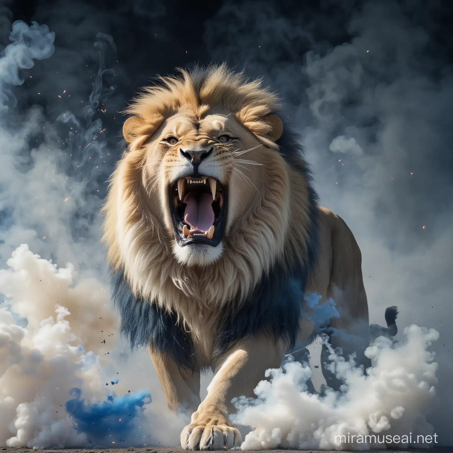 Majestic Lion Roaring amidst Vibrant Blue and White Pyrotechnics
