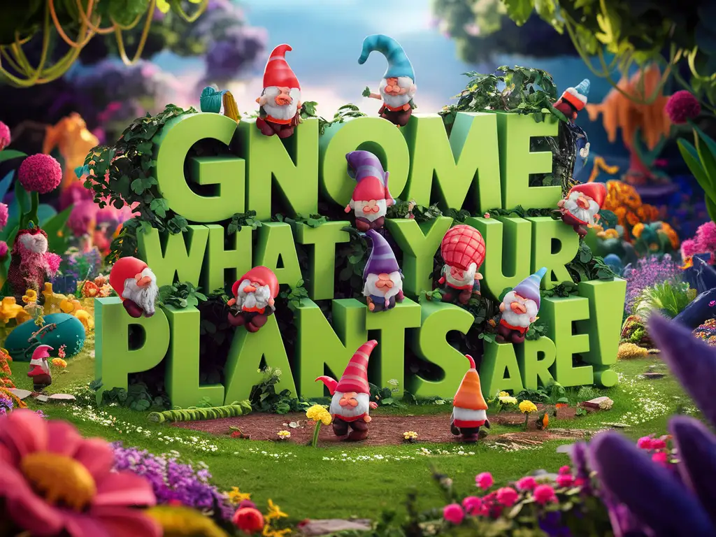 The name in 3d: "Gnome what your plants are!” , chibi gnomes gardening  images surrounding the words, cartoon 3d render, cinematic, typography v0.2, illustration, cinematic, typography, 3d render lots of bright colours