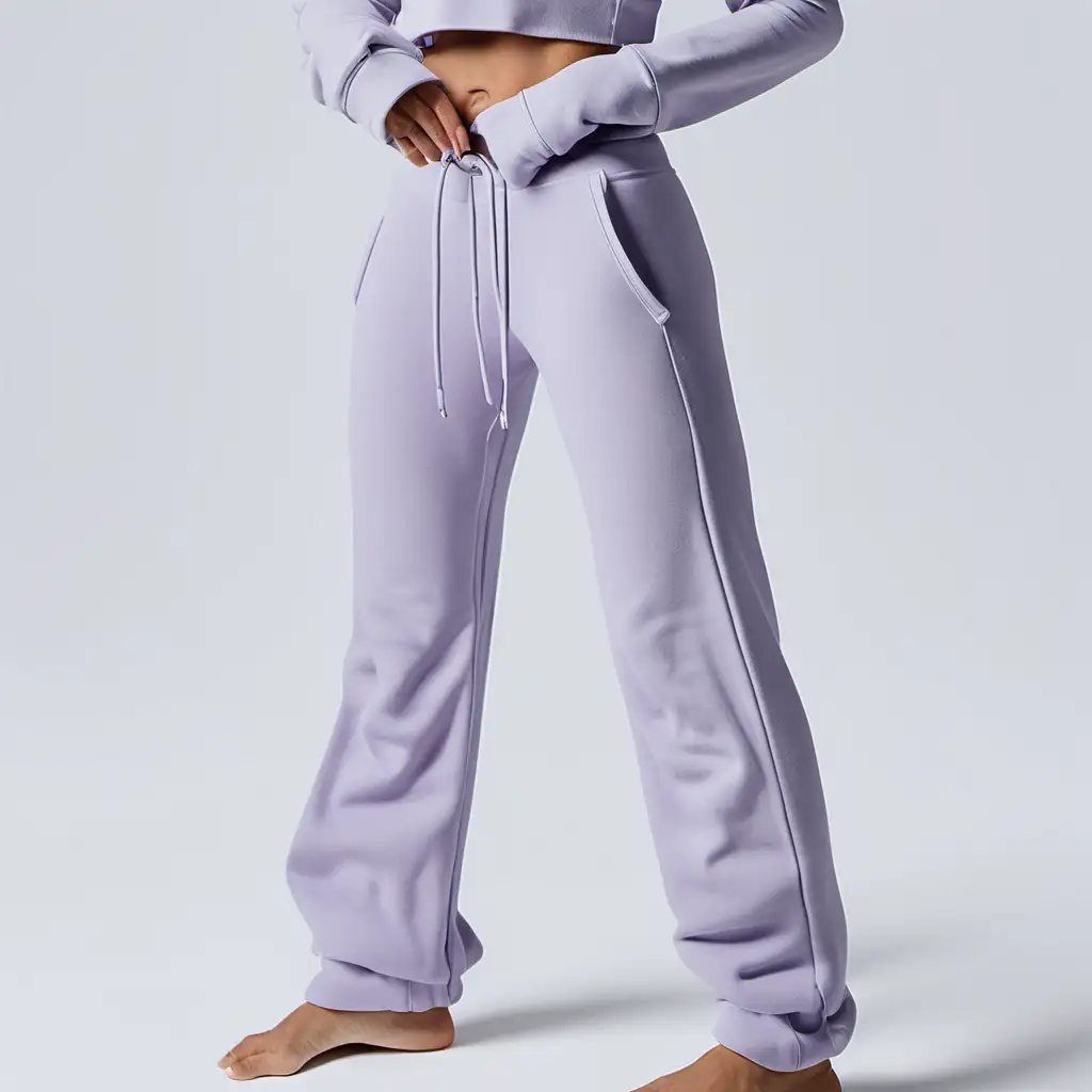 Generate 4 images from different angles of this women's flare fit sweatpants with crop hoodie in lavander colour 