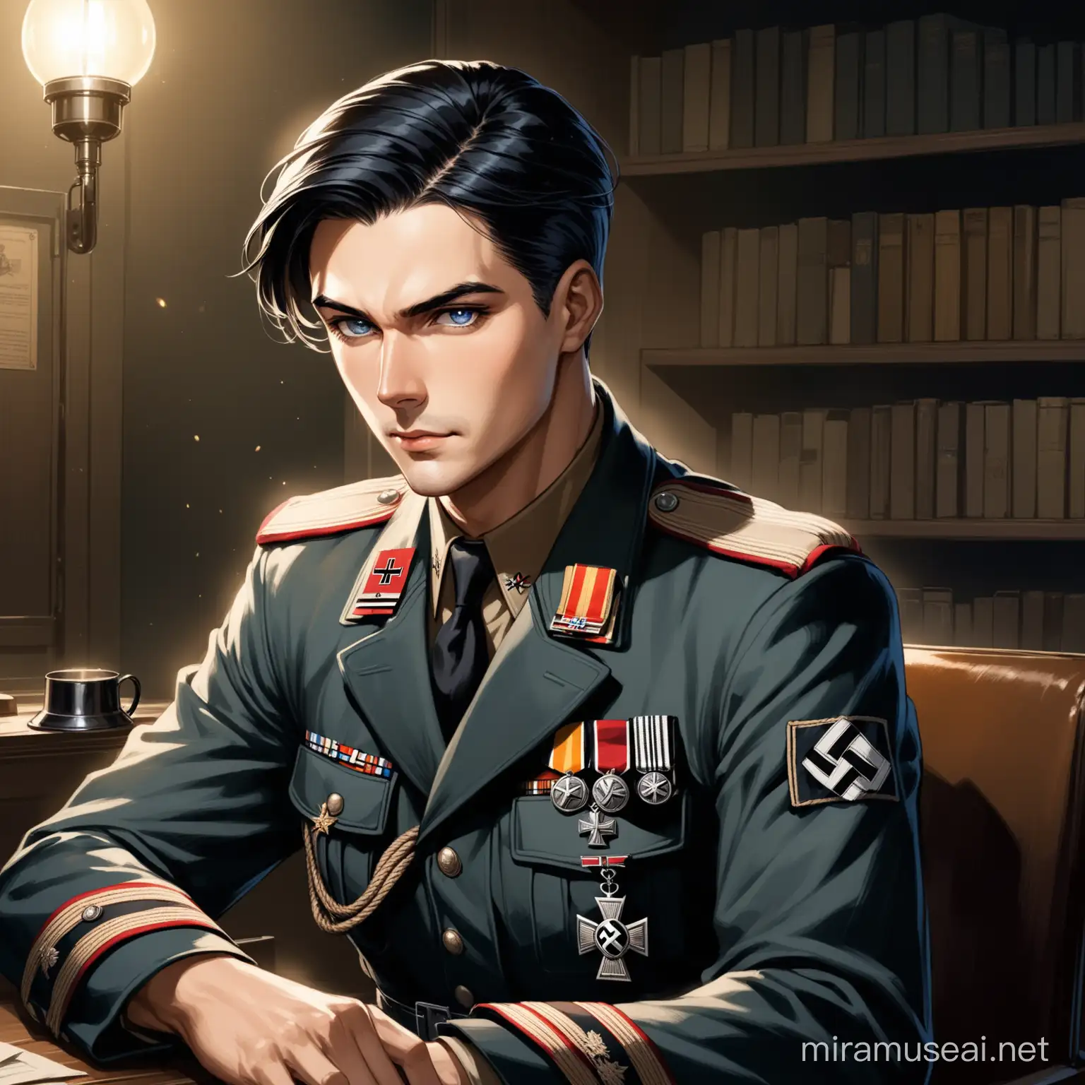 A very handsome German semi-realism art-style man in an almost semi-anime-like, an SS officer in a Nazi military uniform adorned with medals of valor, Trench coat to fend off the cold with a swastika armband, Gunmetal blue colored eyes, Cropped, jet-black hair swept to the side. Sitting in an old rich-looking office with dim light almost nigh, and wartime memorabilia.