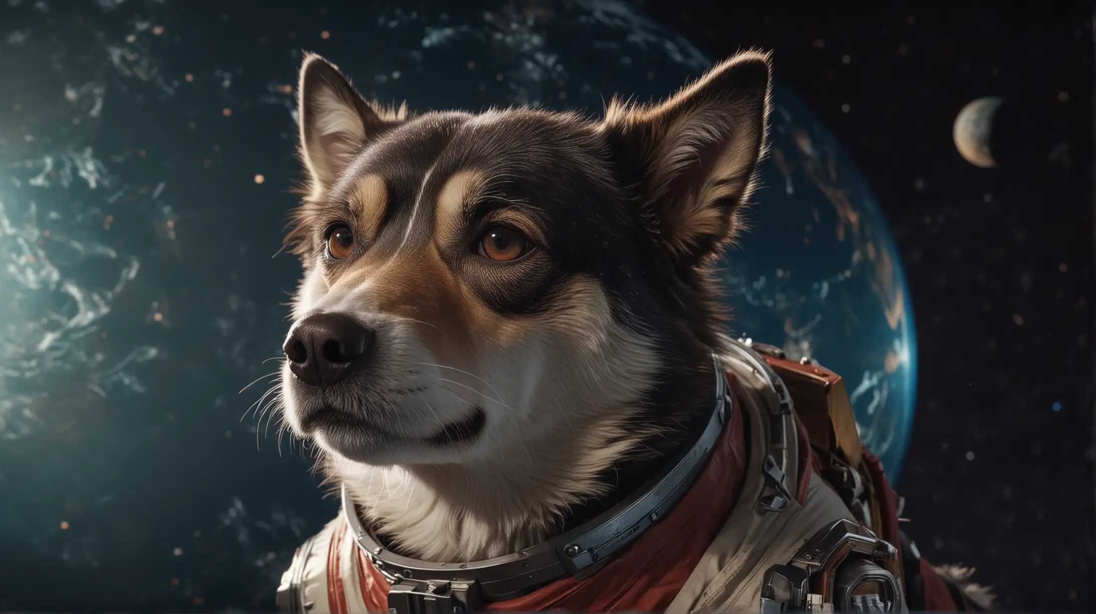 wide mastershot of laika the real life female dog in space costume, looking at earth with hope
