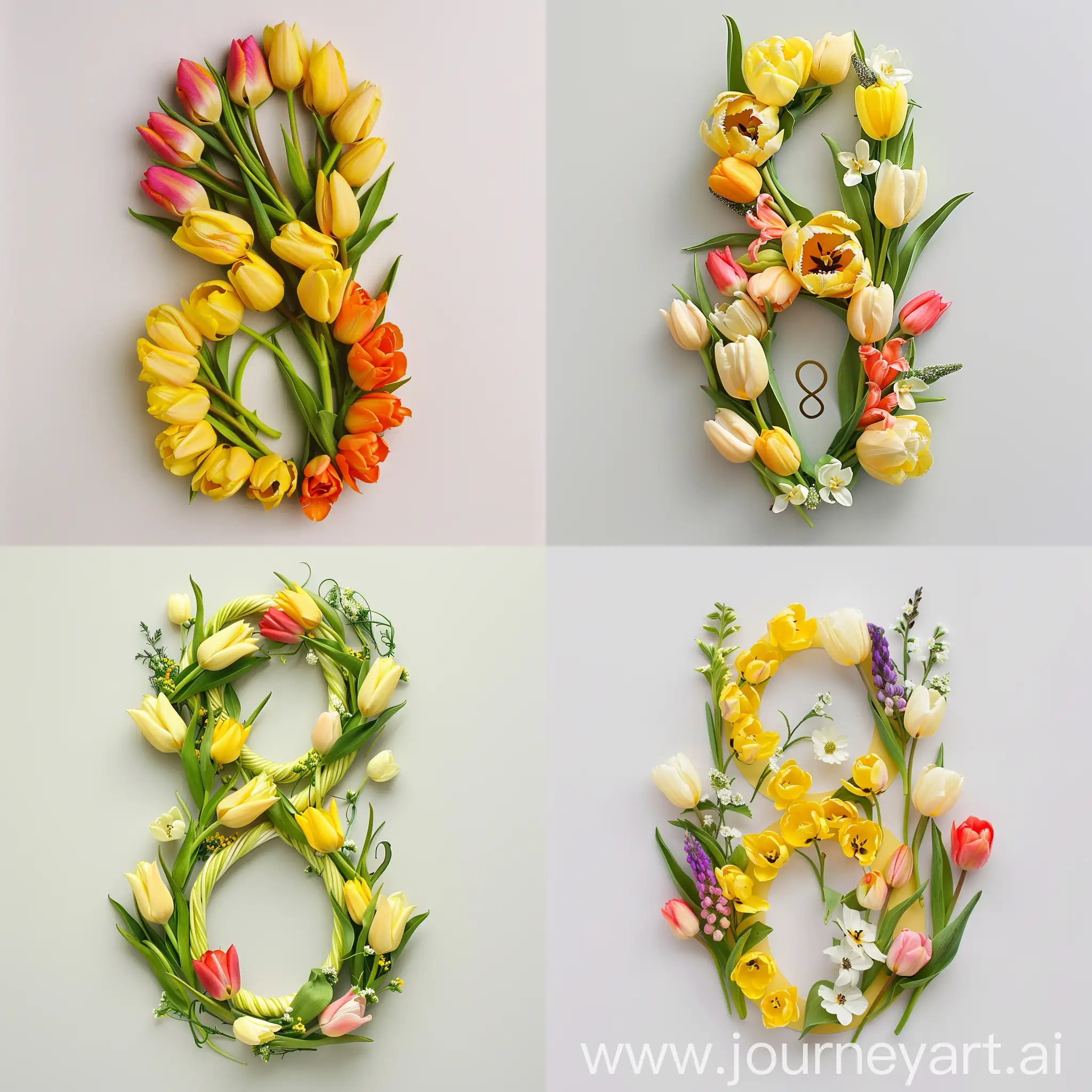 spring flowers and tulips in the form of number 8 in yellow color