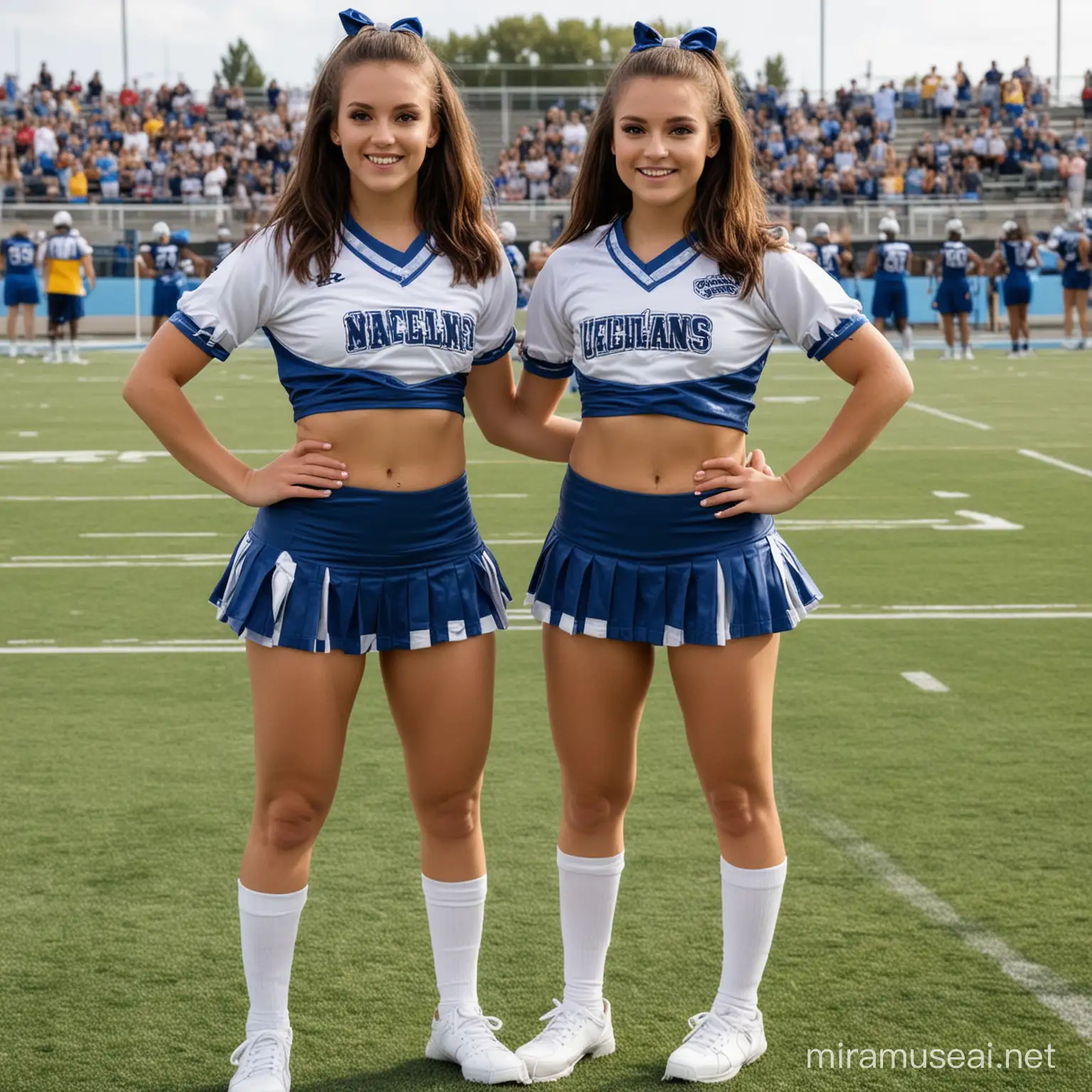 two cheerleaders wearing tops but not wearing skirts or panties, standing in the football field