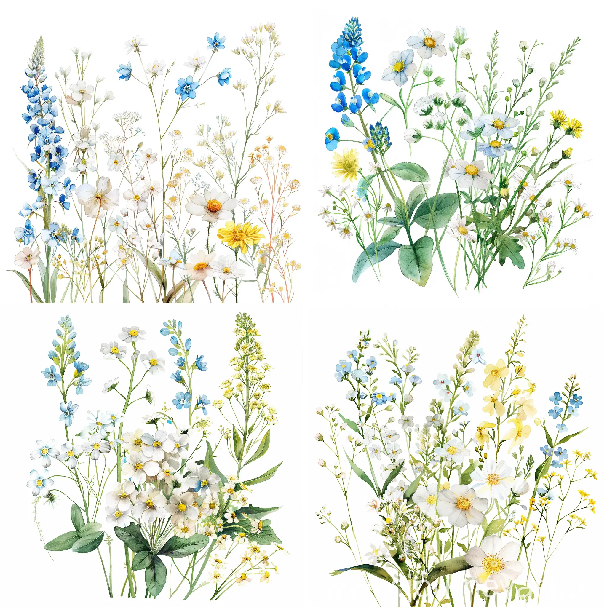 watercolor wildflower, forget me not and white and yellow wildflowers, on white background, soft handpainted, detailed, pretty