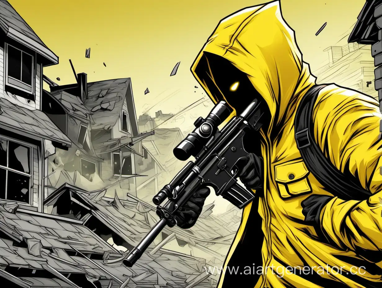 Злой человек в жёлтом капюшене и черной одежде разрушает дома и унижает слабых. На него целятся снайперы, но он сильнее.