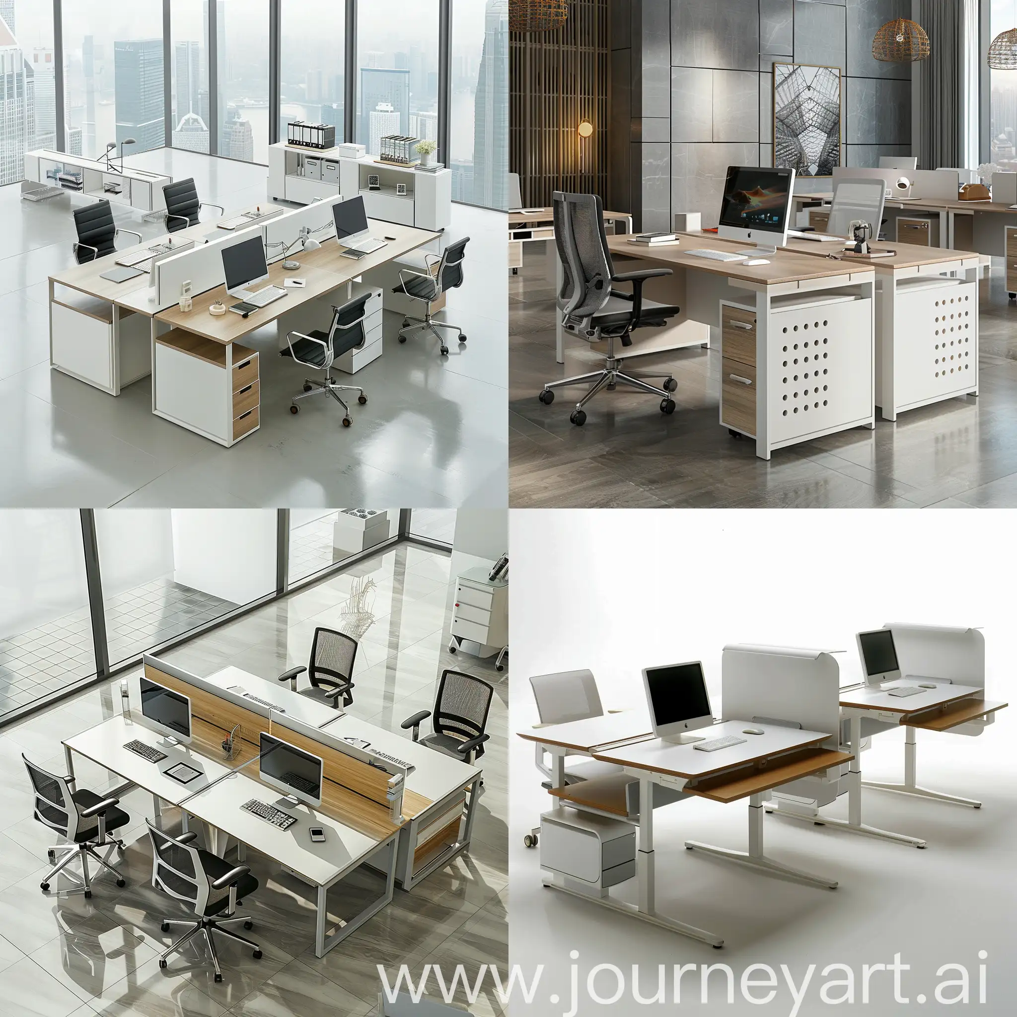 workstation desks, administrative office, reductionism style design, metal and wood, white colour.