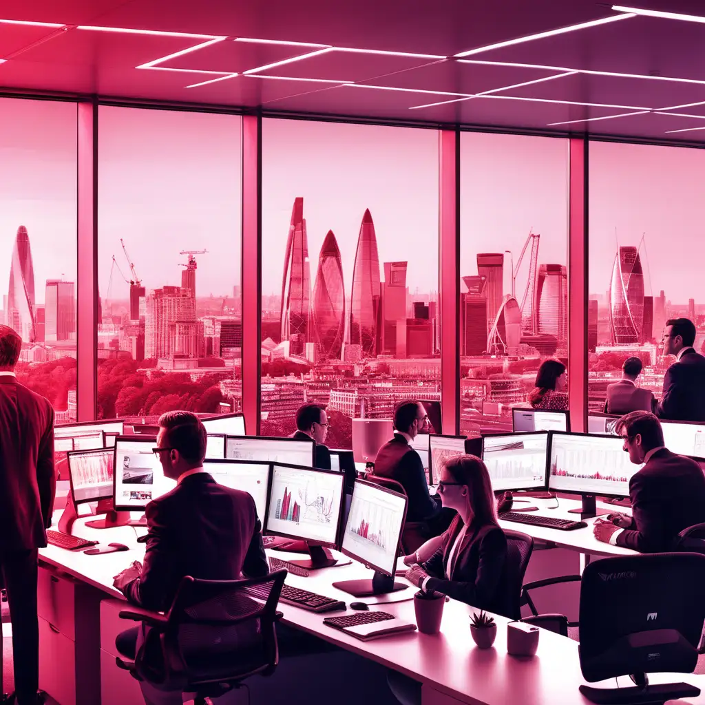 PMO office scene, multiple business people working at desks, computers looking to a window showing the london skyline, with a red hue tint 
