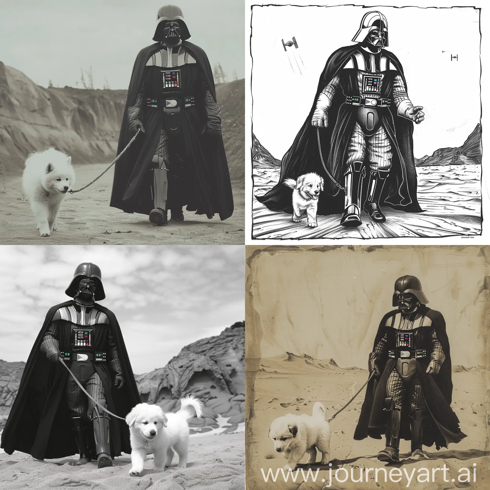 Death Vader walking his Samoyed puppy on tatooine