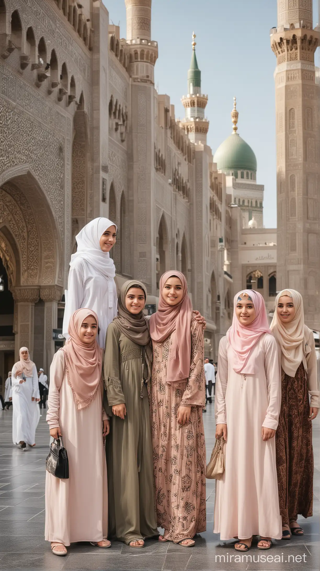 5 girls wearing hijab and 1 men in moslem clothes, background masjidil haram mecca