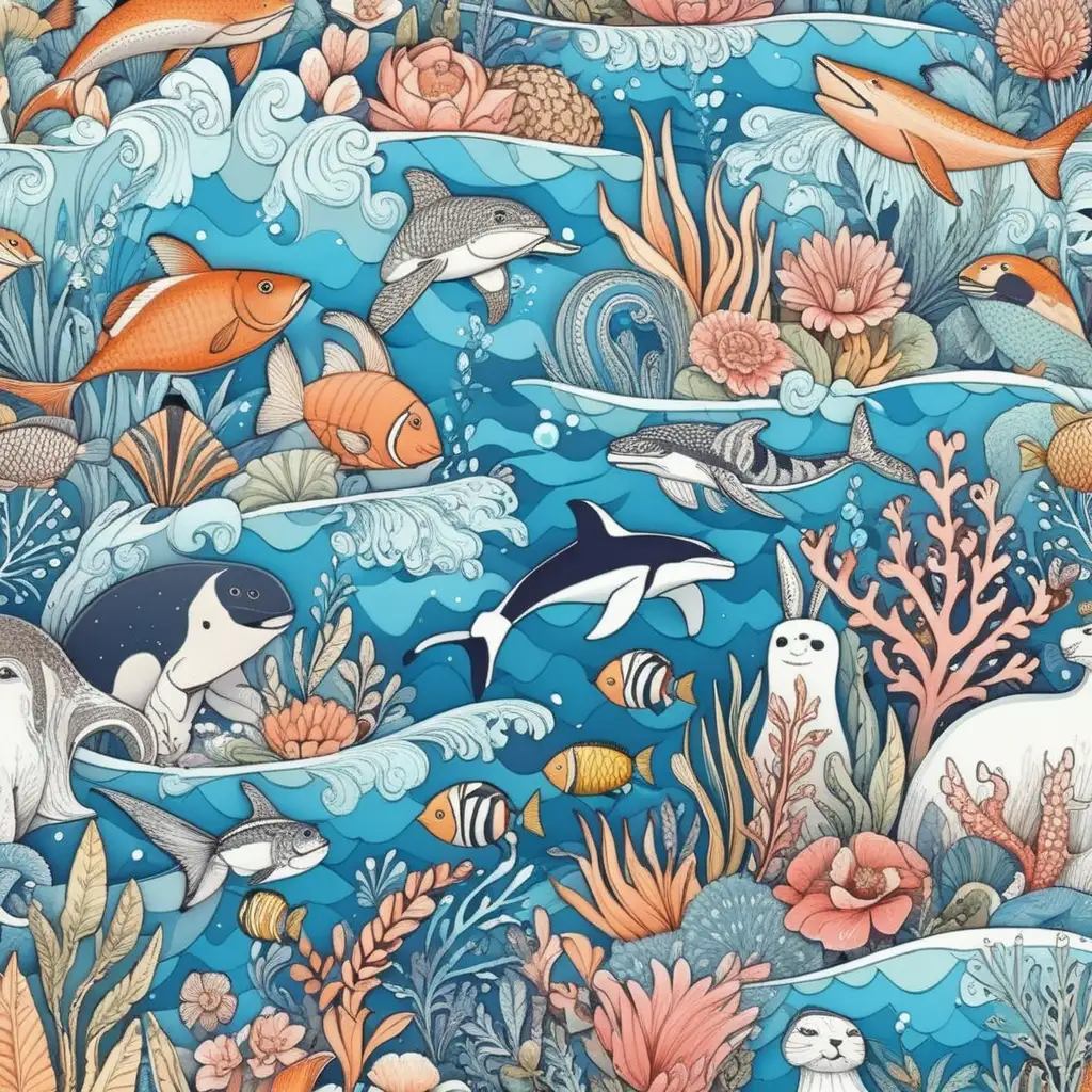 Vibrant Wildlife and Floral Patterns in a Serene Oceanic Scene