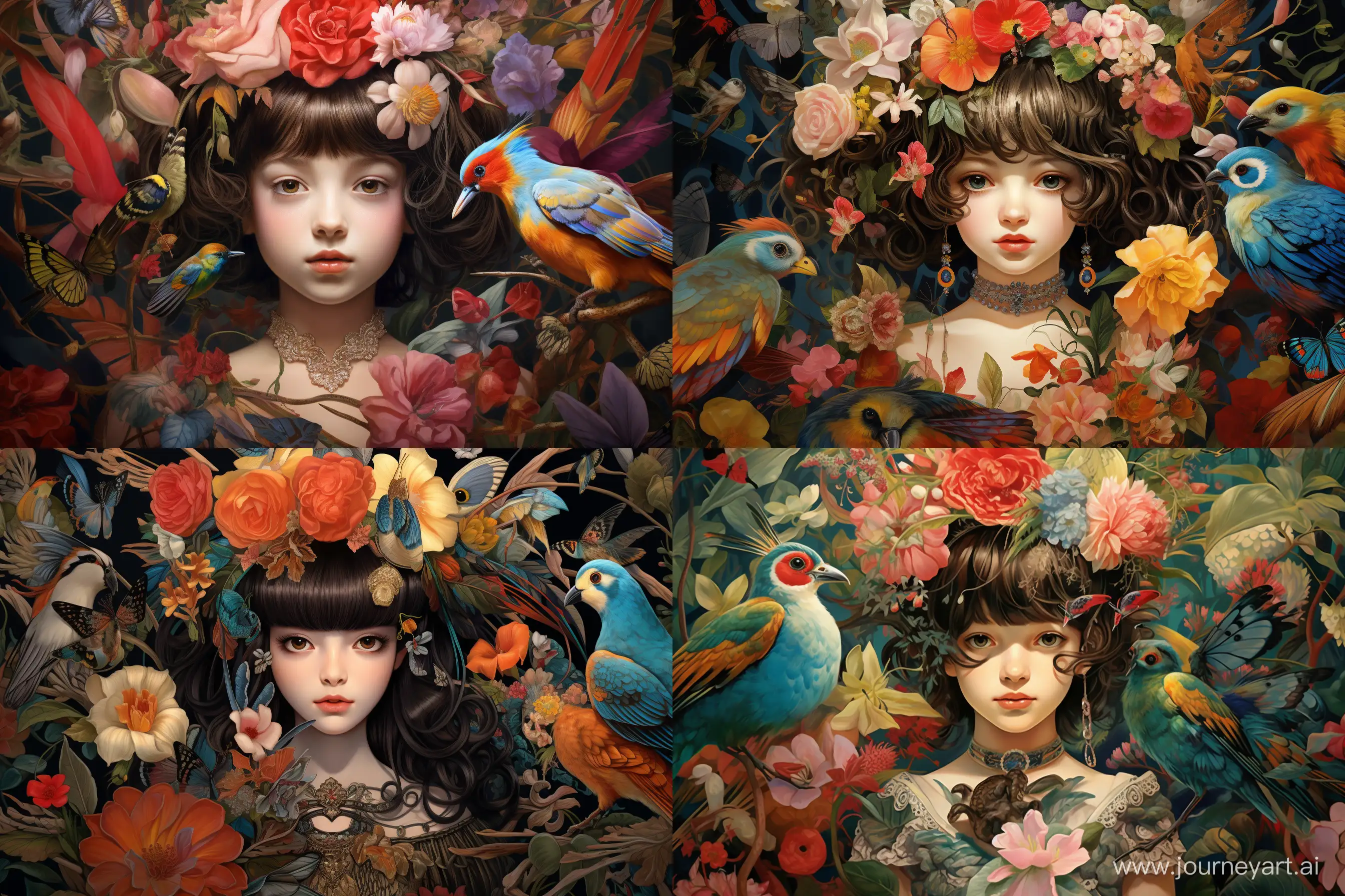 Create a mesmerizing Art Nouveau portrait of a mysterious LITTLE GIRL in ornate, bird-themed attire, with an elaborate mask, standing amidst a garden filled with exotic birds and flowers. --ar 3:2 