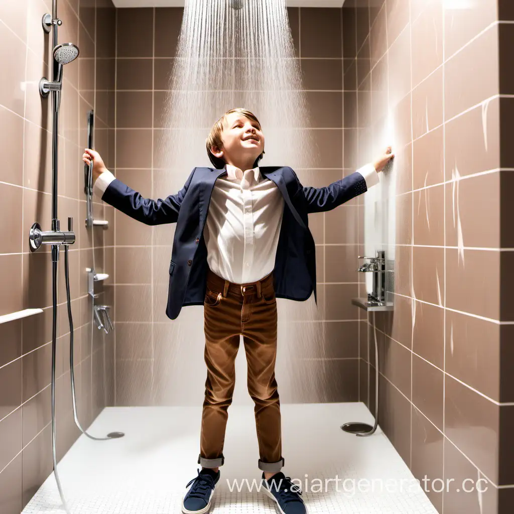 10 year old boy shirt, brown jeans, suit jacket, sneakers at shower room taking shower 