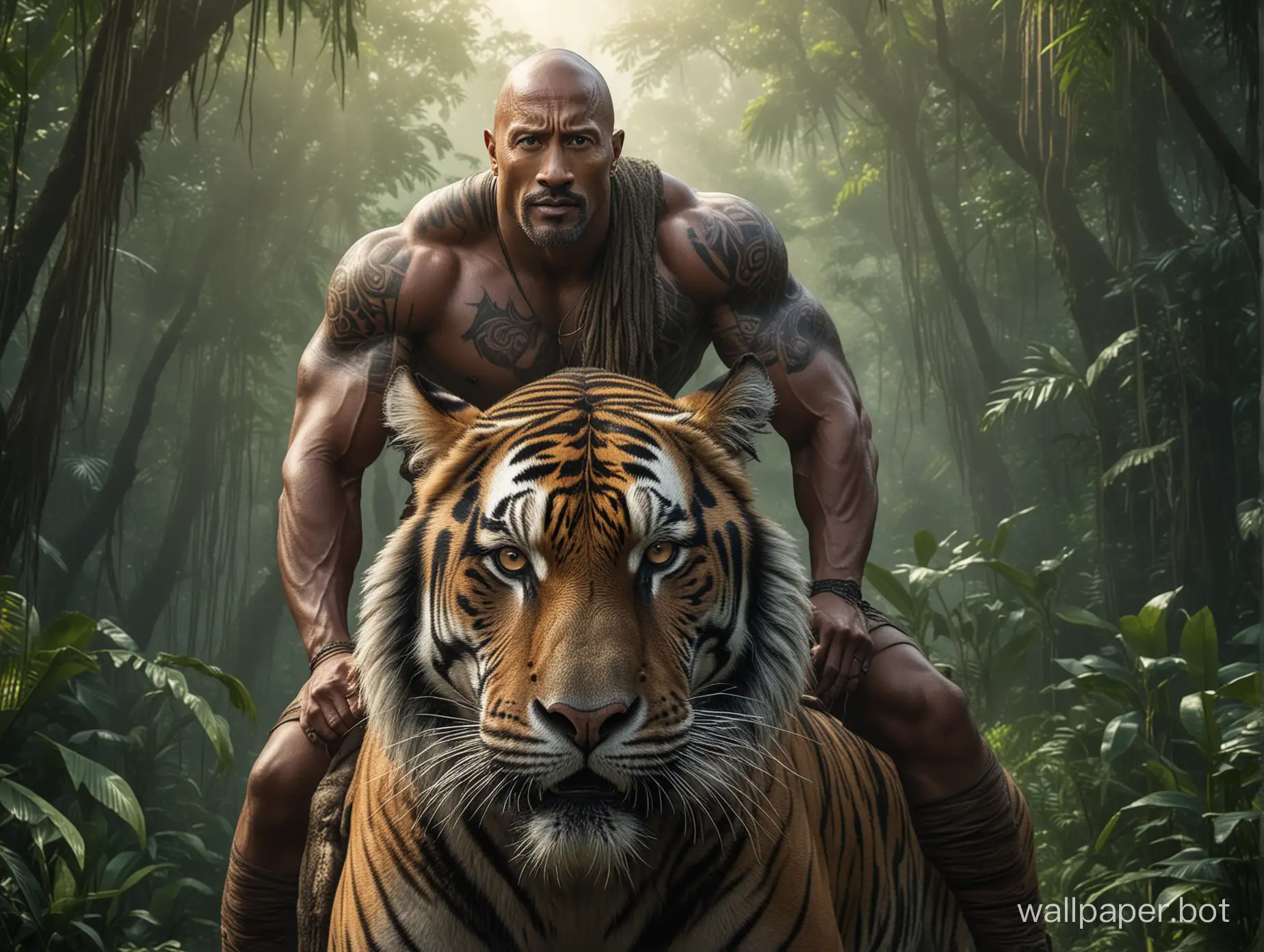 Dwayne Johnson rides a tiger in the Jungle, tarzan, The Rock, tattoos, BREAK studio quality, cinematic photo, intense, dramatic, high contrast, photorealistic, intricate details, professional, 4k, detailed, 8K HDR