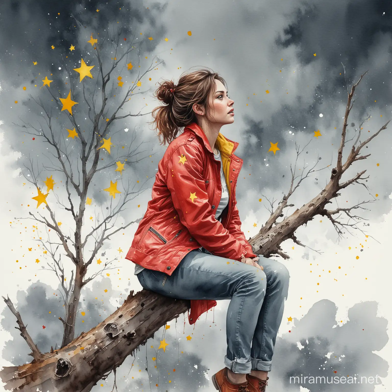 messy watercolor illustration depicting a women with red jacket sitting on a tree branch, background sky with 5 yellow stars under a hammer ,  watercolor, no distortion, gray palette, insanely high detail, very high quality, seen from the side