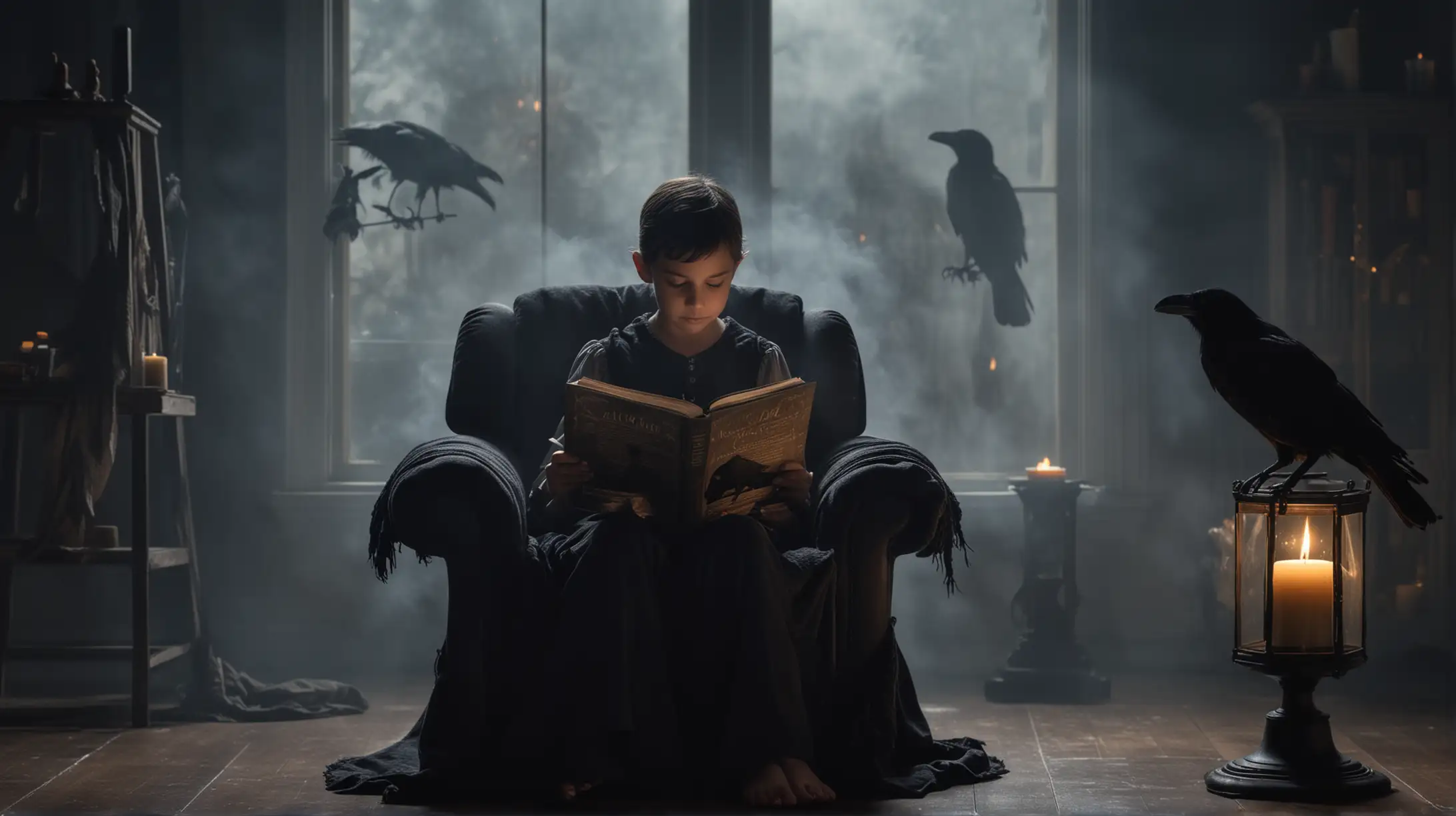 A child sitting in a chair reading a book with a raven on the cover. The background is a dark room with a candle. Smoke floats past the window in the background. 
