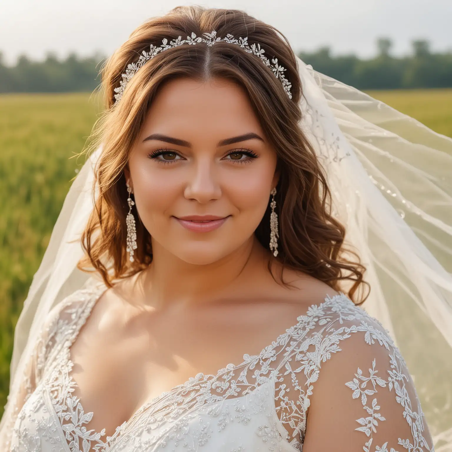 overweight  bride,  face profile view, brown hair in a bridal hairstyle , white bride dress, summer , out in the field , no jewelry, with vail , face partially covered , lifestyle pose , soft smile ,boho chic 
