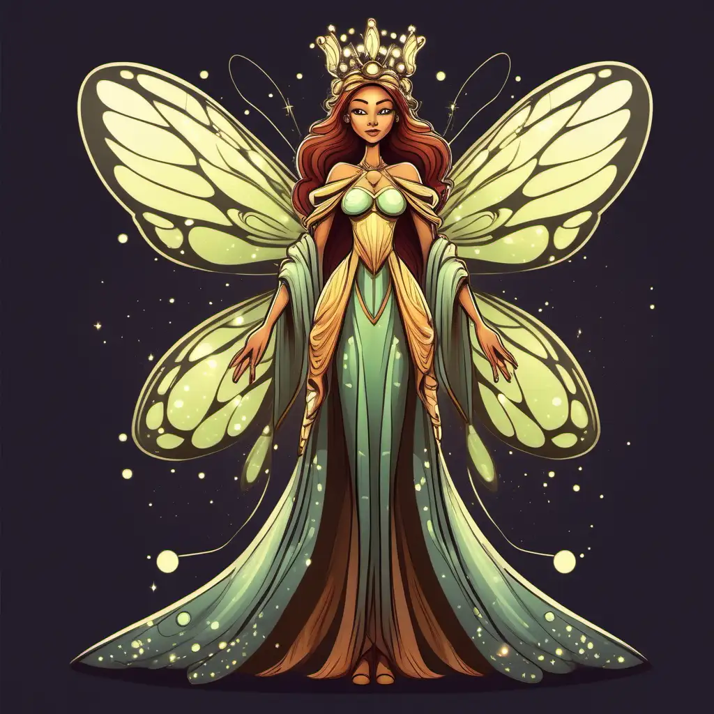 in beautiful cartoon style, a majestic firefly queen, eloquently dressed, full body head to image in a standing pose
