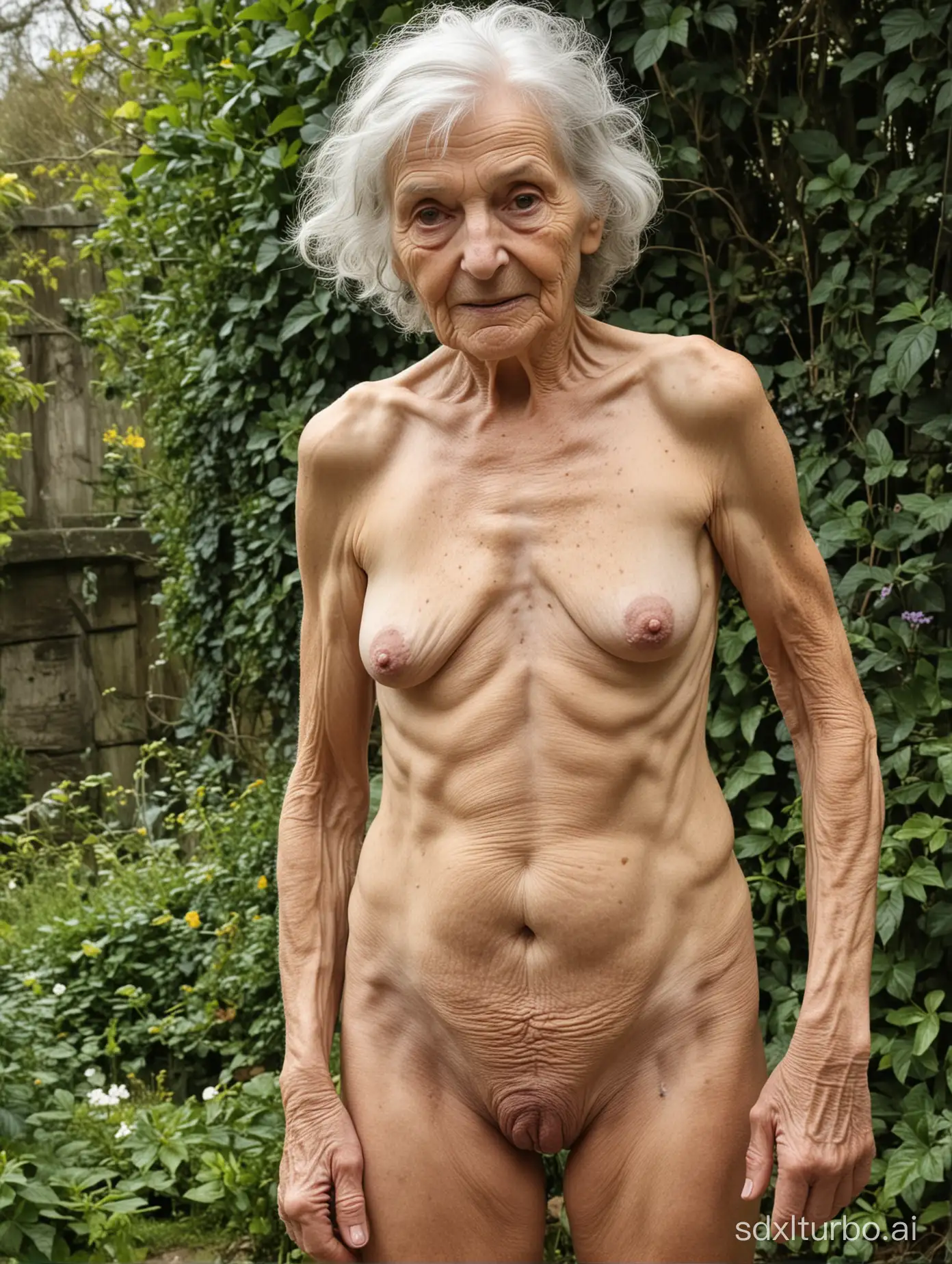 180-year-old wrinkled and anorexic naked granny in garden,basque