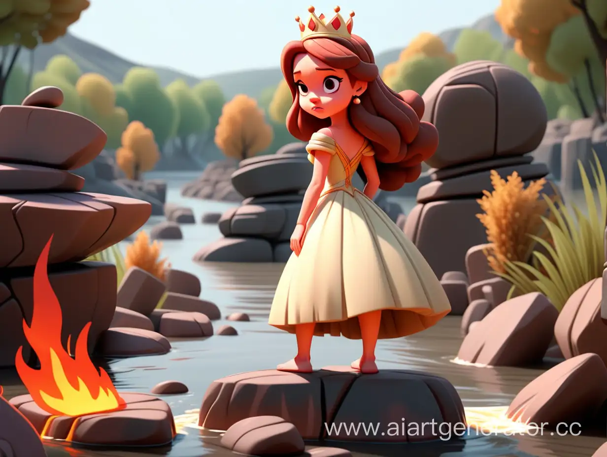 cartoon style, 8k, one princess back facing the camera standing on a stone, fire in the river instead of water.