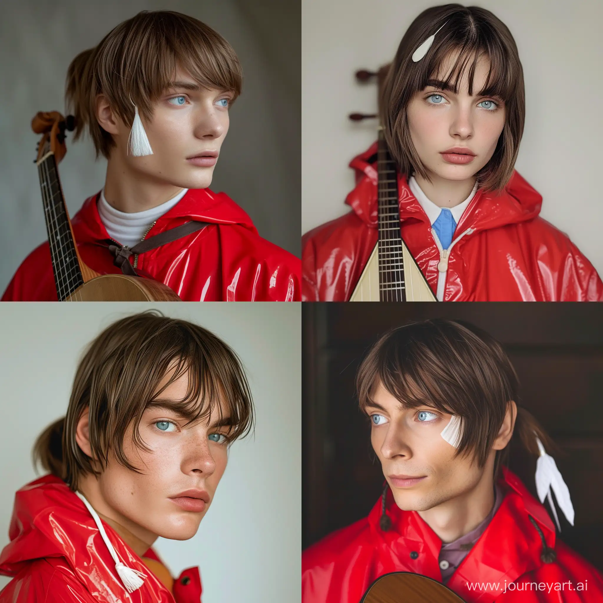 brown hair, short ponytail, straight bangs, white lock of hair on the bangs, bard, lute, bright clothes, shirt, blue eyes. Italian, fair skin, red raincoat, clean face, 27 years old, dark fantasy, male, soft facial features, straight nose