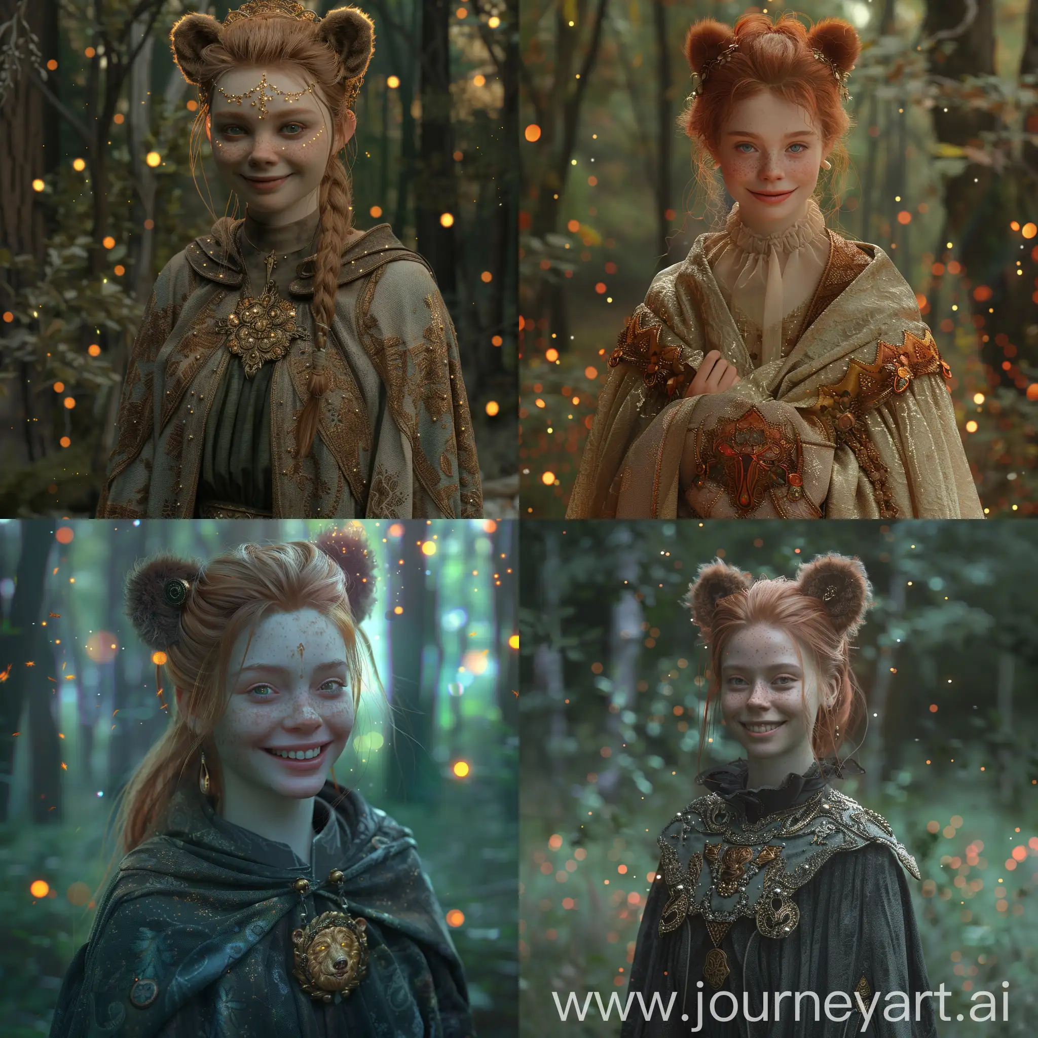 young woman, beautiful woman, pale skin, mantle with ornament, (bear ears), (nature, forest, flireflies:1.15), smile, (ginger hair), ((bioluminescent light, ambient light)), (non-photorealistic rendering, spectral rendering, Style mixing, Multi-pass shading, Subsurface scattering, Global illumination:1.25), (by Luis Royo:1.27), (art by Ilya Kuvshinov:1.5), (by Alena Aenami:1.4))