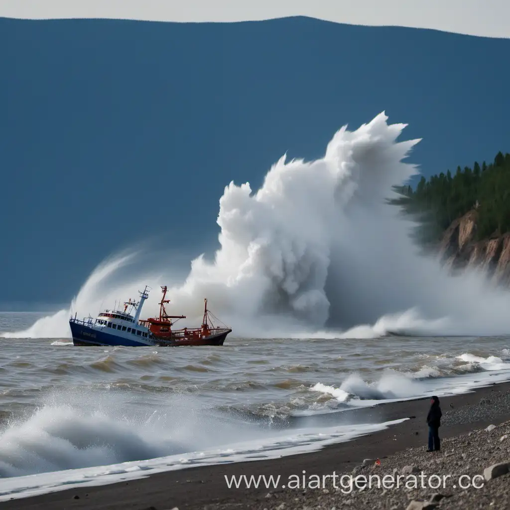 Землетрясение на озере Байкал, высокие волны, корабли  и лодки трясутся, люди на берегу смотрят