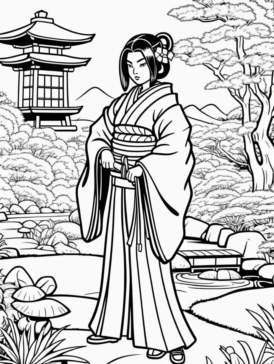 Create samurai's woman in the Japanese garden 
cartoon black and white coloring page for kids with thick lines, no shading, low detail.
