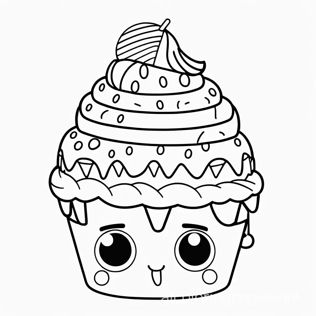 cute cake with big and cute eyes and ice cream on top, Coloring Page, black and white, line art, white background, Simplicity, Ample White Space. The background of the coloring page is plain white to make it easy for young children to color within the lines. The outlines of all the subjects are easy to distinguish, making it simple for kids to color without too much difficulty