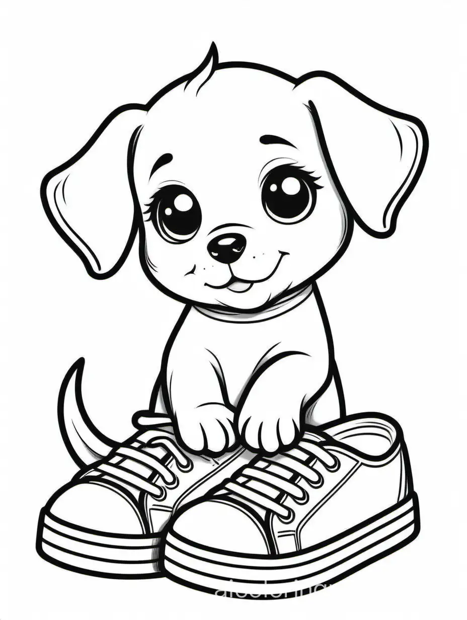 A cartoon illustration in black and white line art, of a puppy. The style is cute kawaii with soft lines and delicate shading. puppy is biting a shoe, Coloring Page, black and white, line art, white background, Simplicity, Ample White Space. The background of the coloring page is plain white to make it easy for young children to color within the lines. The outlines of all the subjects are easy to distinguish, making it simple for kids to color without too much difficulty