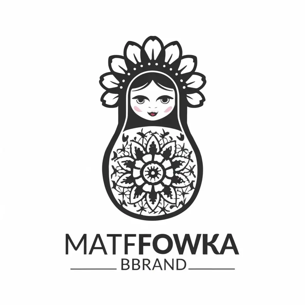 logo, Matryoshka doll with head-cover black white for sunflower brand modern, minimalist, elegant, with the text "Matryoshka", typography, be used in Retail industry