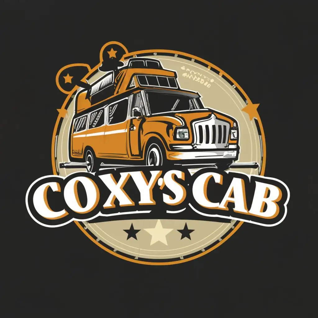 logo, Coach, with the text "Coxy's Cab", typography