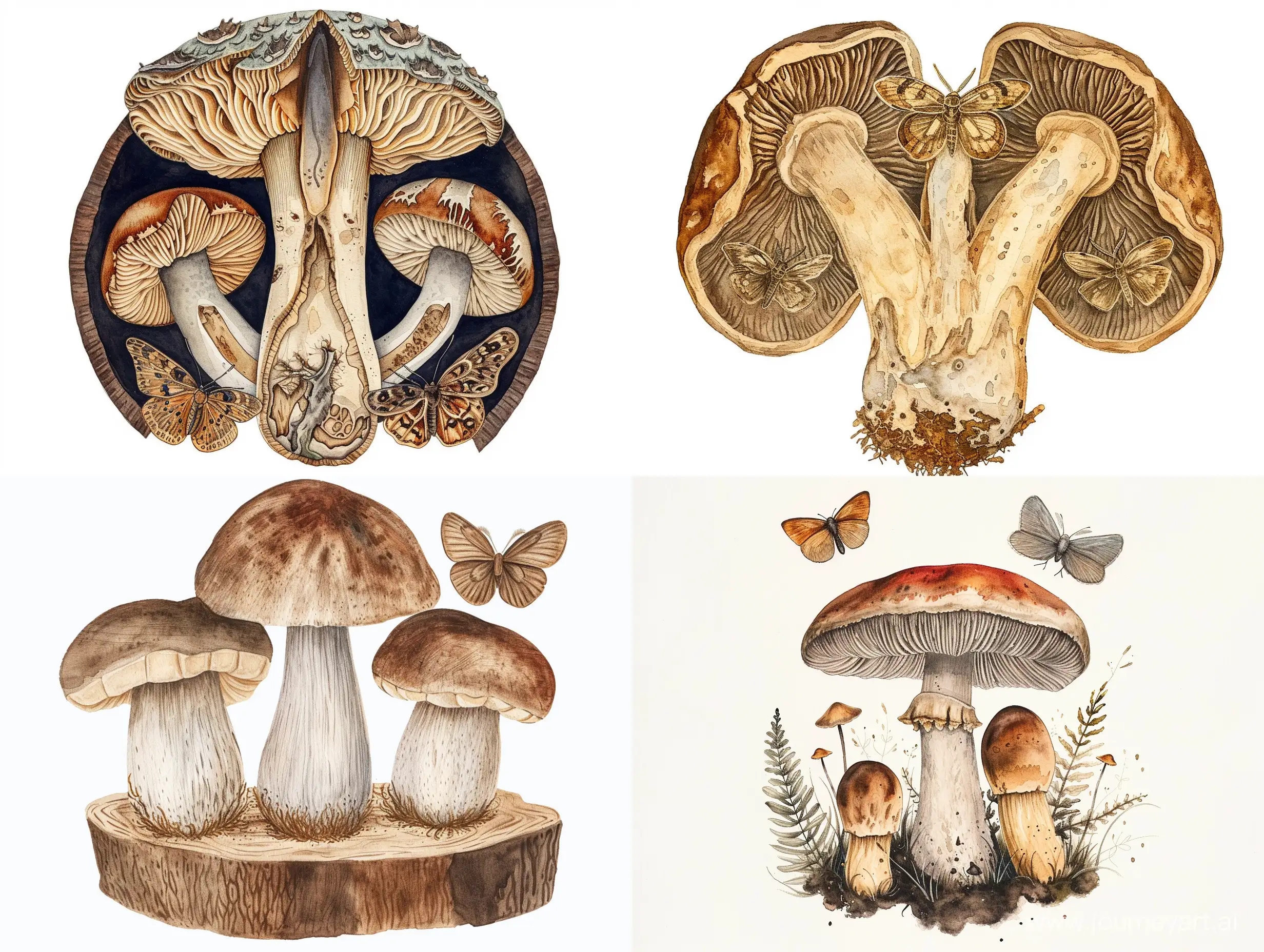 Rusticcore-Watercolor-Mushroom-with-Moths-Vintage-Woodcut-Art