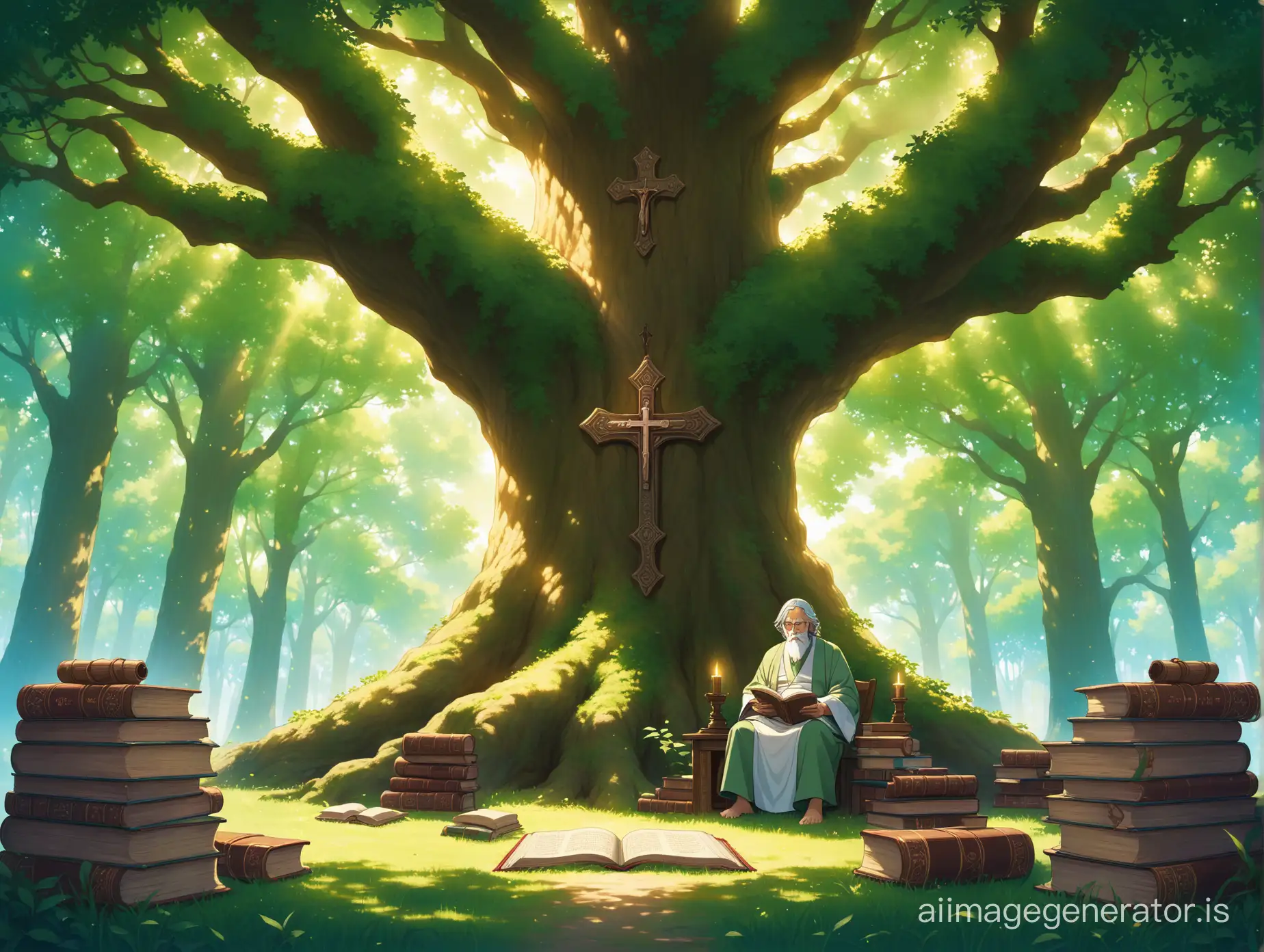 An image of a serene forest clearing with an aged sage sitting cross-legged under the shade of a massive tree, surrounded by books and scrolls, his eyes reflecting wisdom beyond his years.