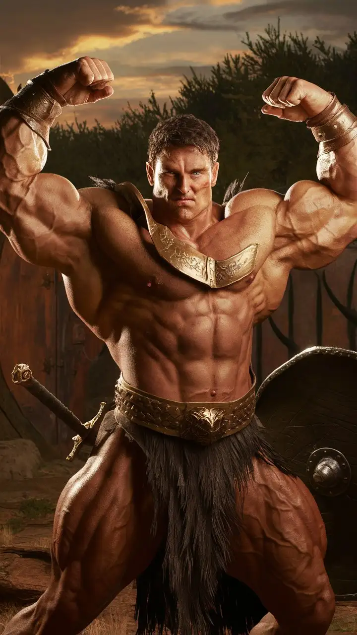 A man flexing his very strong arms as if he was an ancient warrior with masculine manly features. 